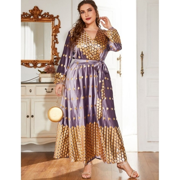 SHEIN Modely Plus Golden Dot Surplice Bishop Sleeve Velvet Belted Dress Size 2XL - Picture 1 of 10
